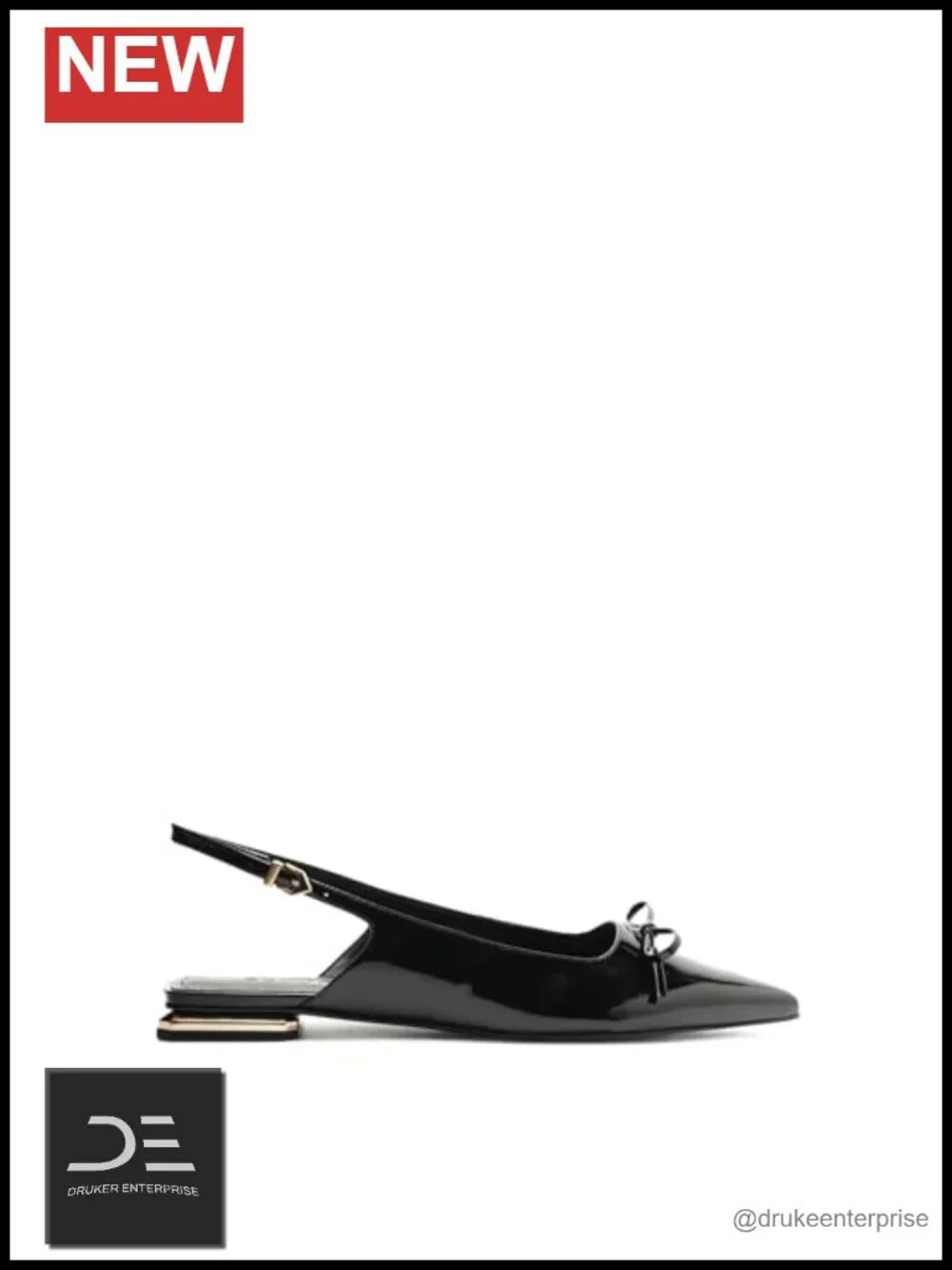 Patent Leather Ballet Flats with Bow Detail, Gold Heel Accent